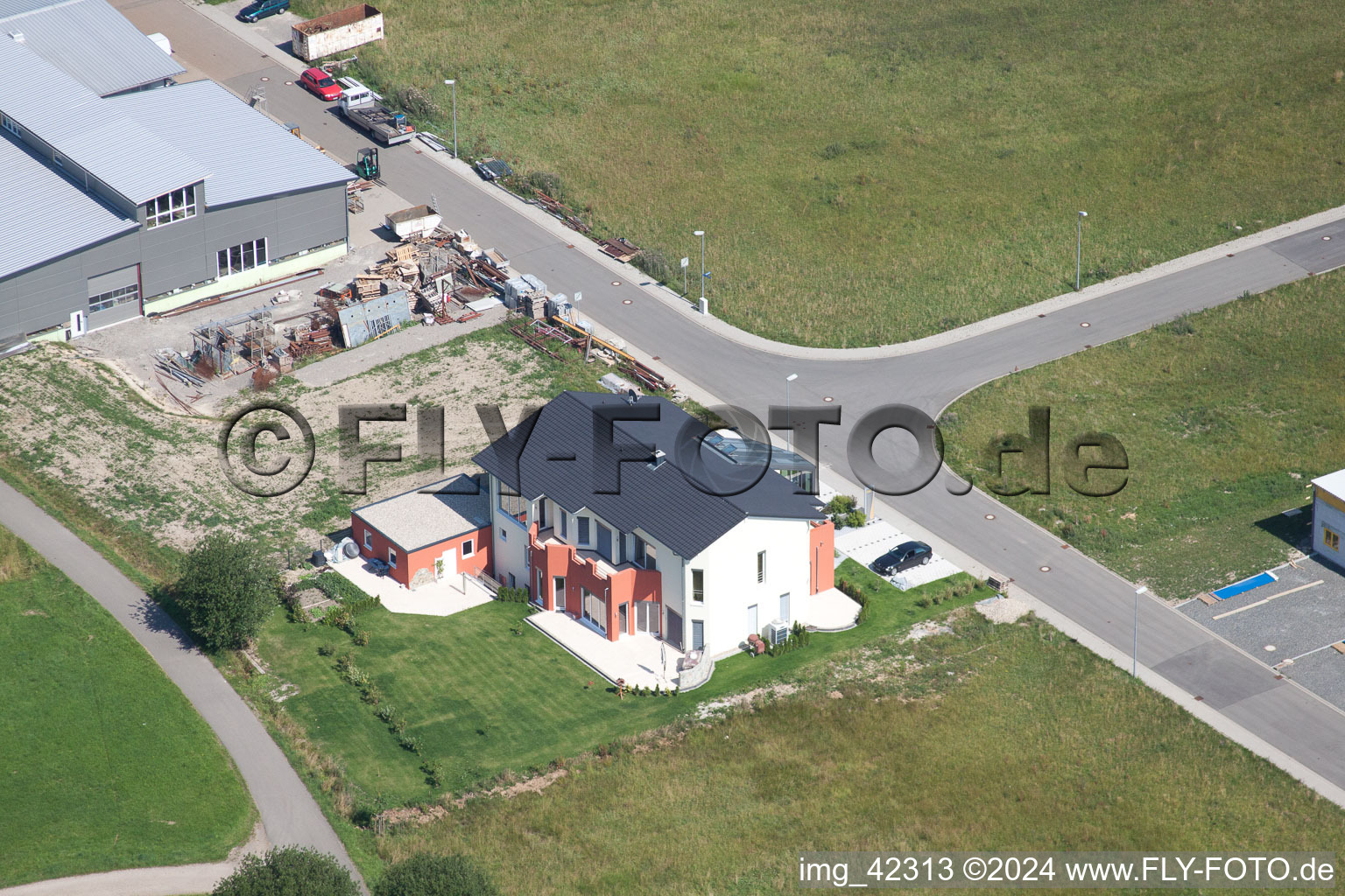 Commercial area in Schwarzenbusch in the district Pfaffenrot in Marxzell in the state Baden-Wuerttemberg, Germany from a drone