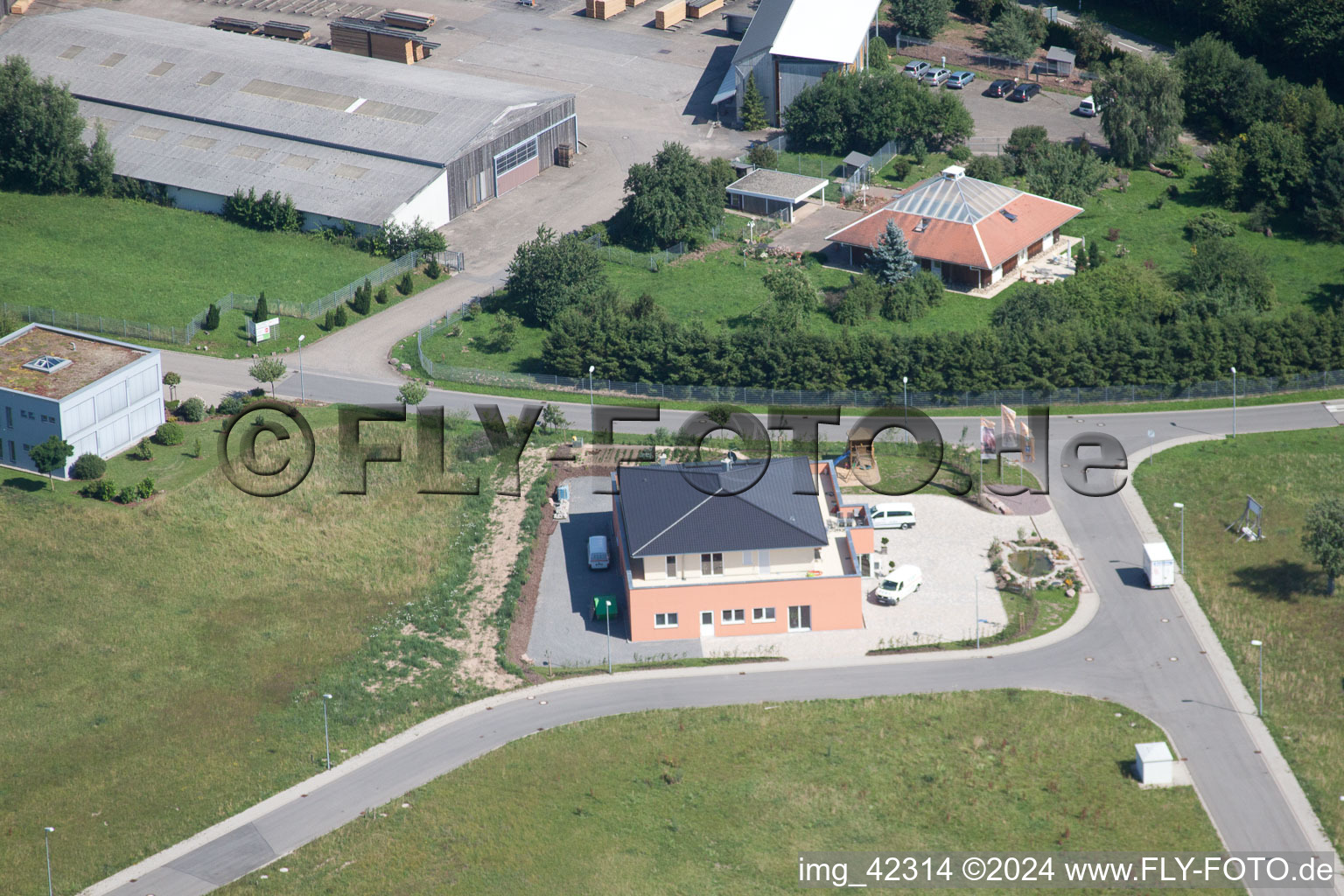 Commercial area in Schwarzenbusch in the district Pfaffenrot in Marxzell in the state Baden-Wuerttemberg, Germany seen from a drone