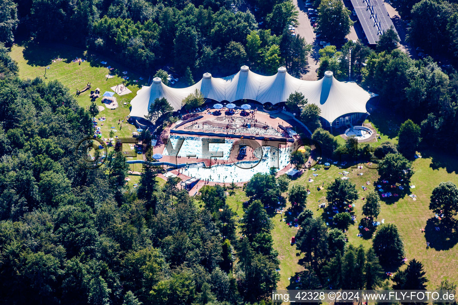 Swimming pool of the Waldbad Schoellbronn of Stadtwerke Ettlingen in Ettlingen in the state Baden-Wurttemberg, Germany