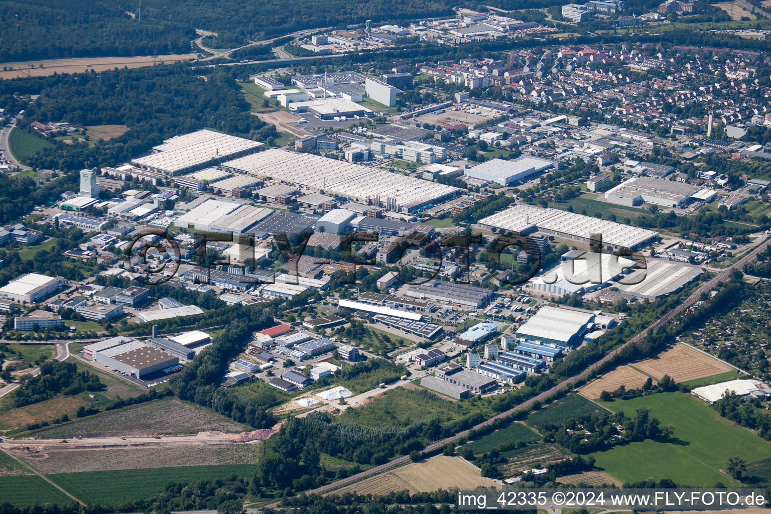 Daimler parts warehouse, Mercedes glass warehouse in Ettlingen in the state Baden-Wuerttemberg, Germany from the plane