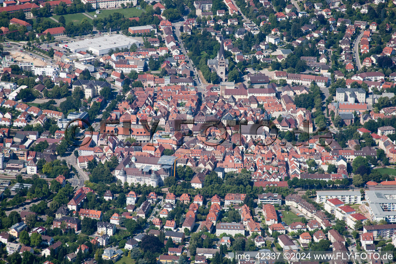 Aerial view of Old Town area and city center in Ettlingen in the state Baden-Wurttemberg