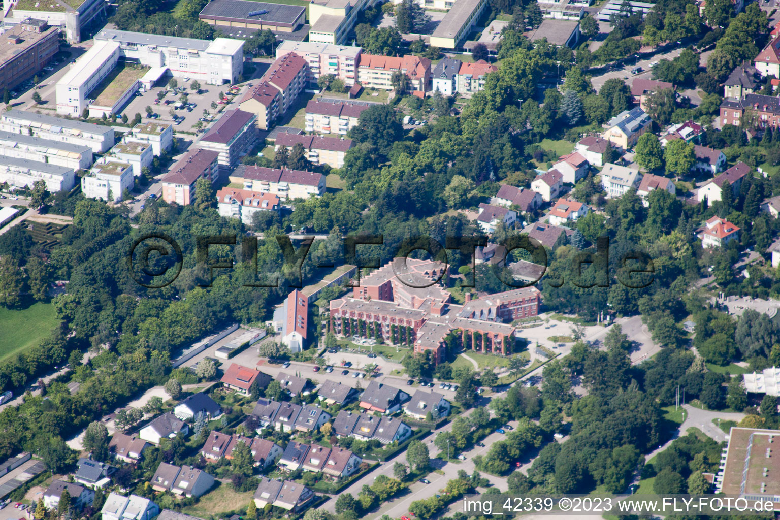 Aerial view of Caritas senior center at Horbachpark in Ettlingen in the state Baden-Wuerttemberg, Germany