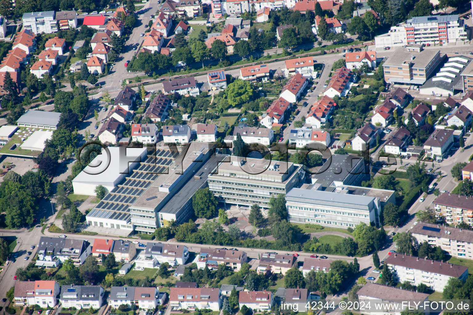 Aerial view of Albert Einstein School in Ettlingen in the state Baden-Wuerttemberg, Germany