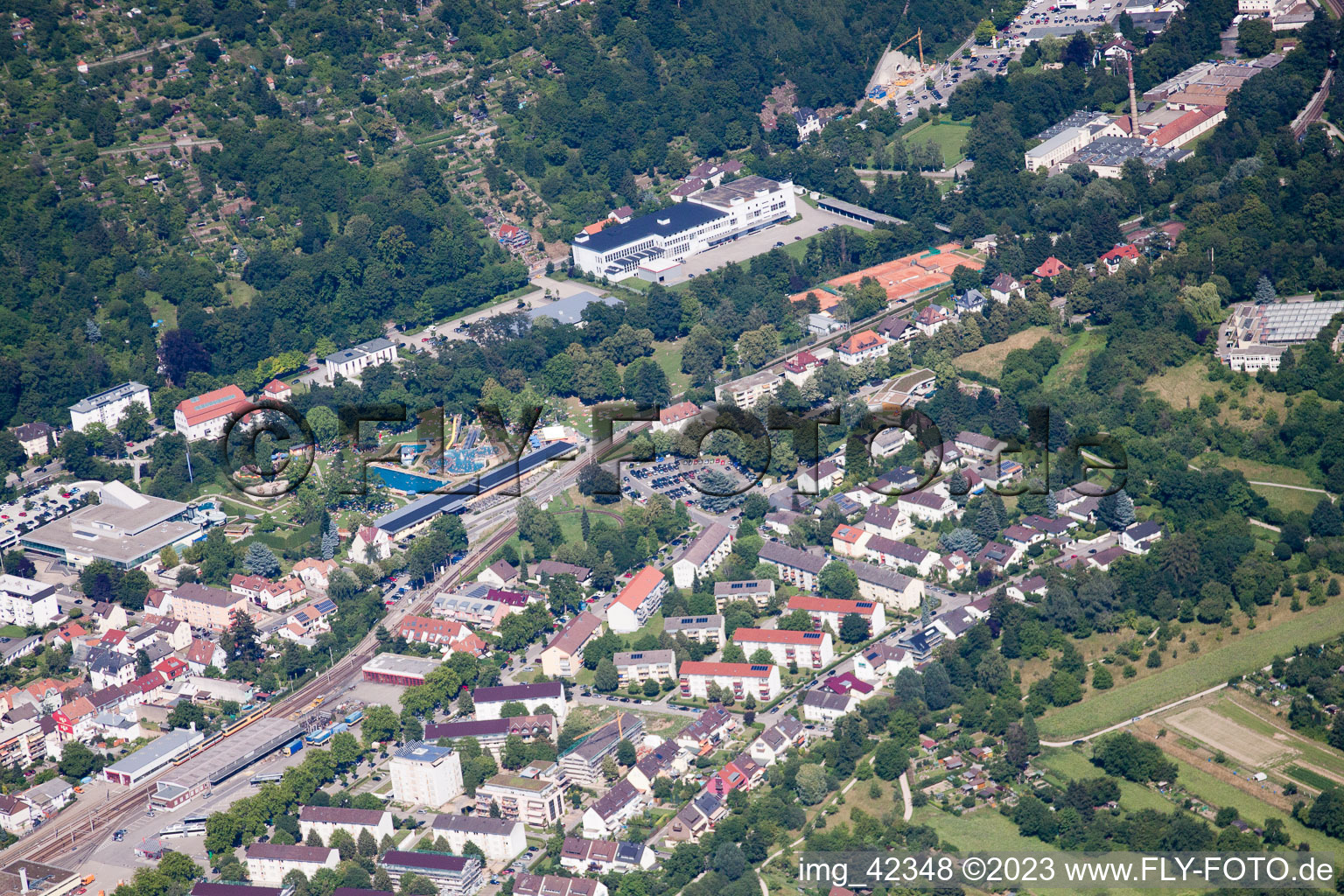 Oblique view of Albgaubad in Ettlingen in the state Baden-Wuerttemberg, Germany
