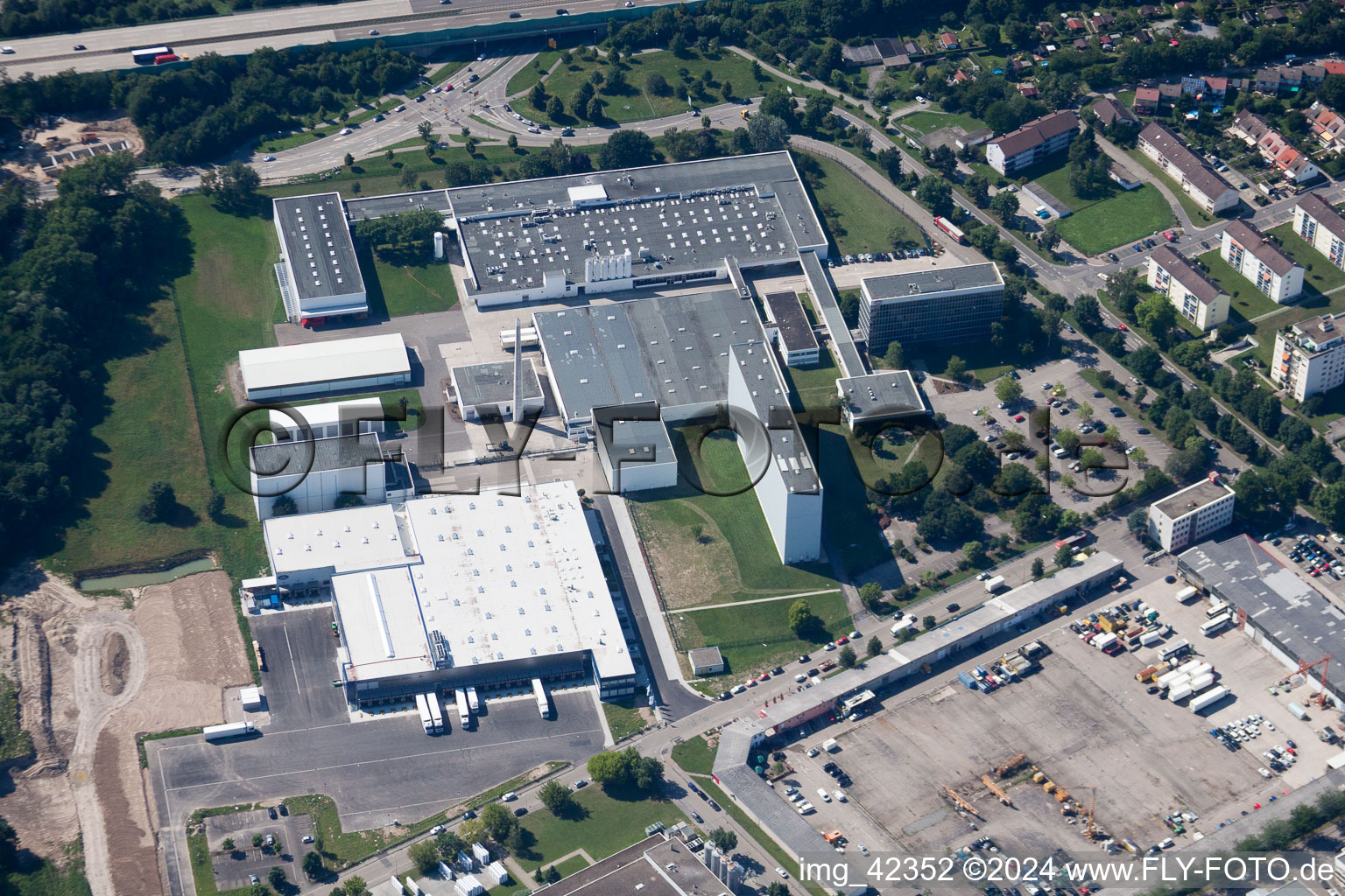 Aerial view of Building and production halls on the premises of Dr. Oetker Professional in Ettlingen in the state Baden-Wurttemberg