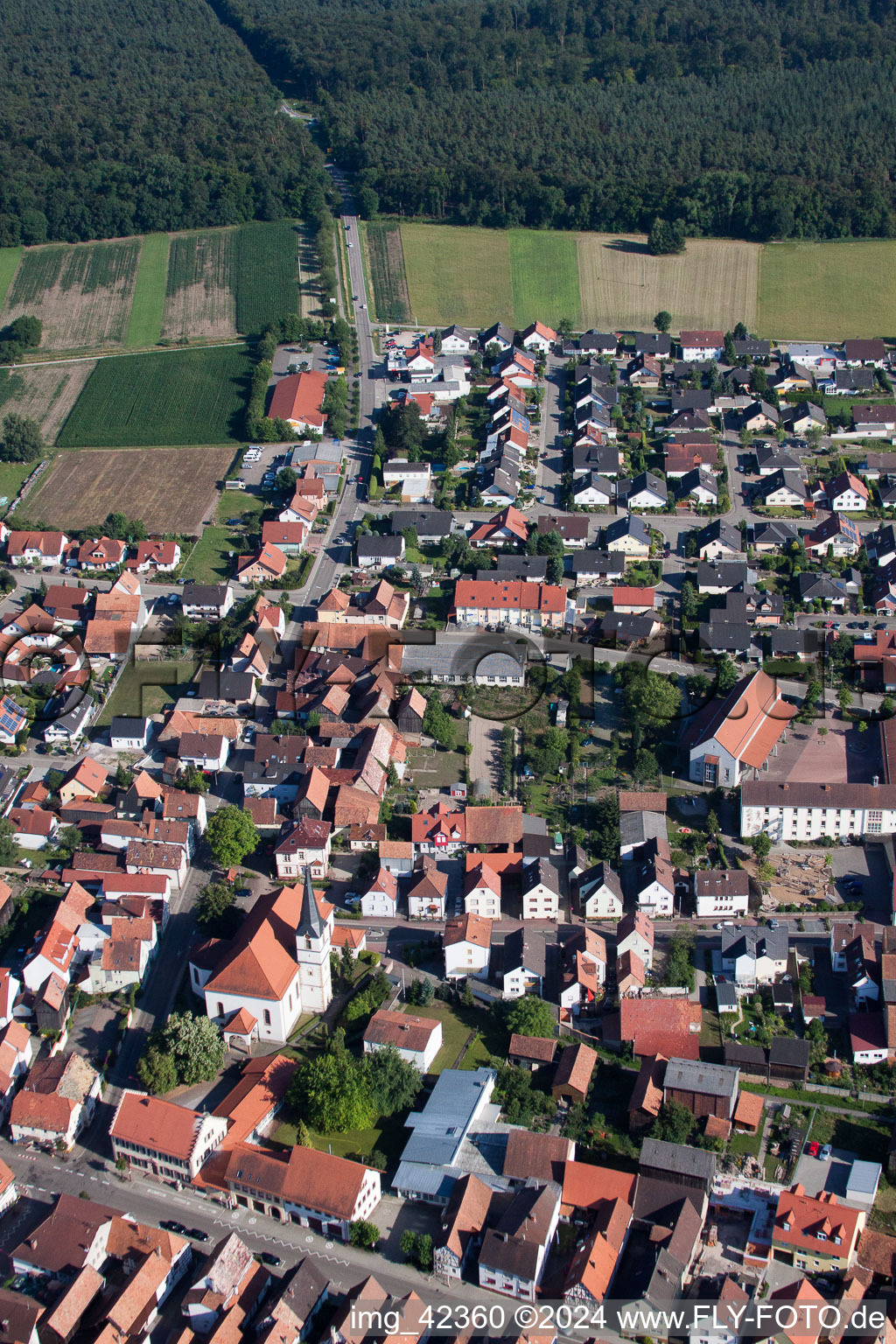 Aerial photograpy of Church building in the village of in Hatzenbuehl in the state Rhineland-Palatinate