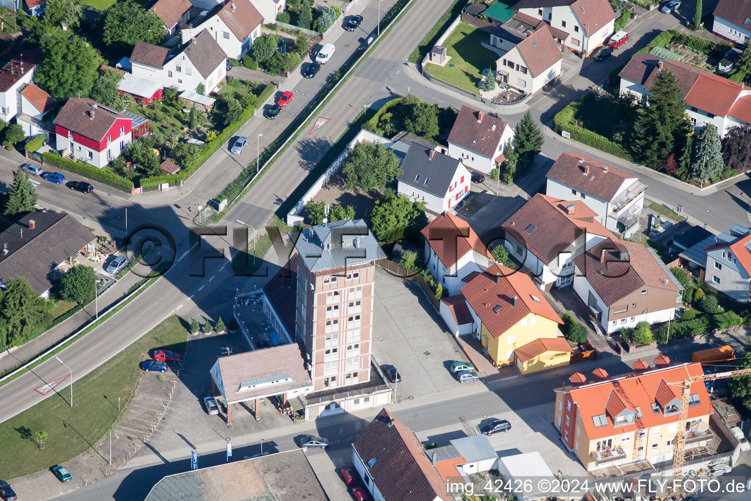 Aerial view of High-rise building Ludovici in Jockgrim in the state Rhineland-Palatinate, Germany