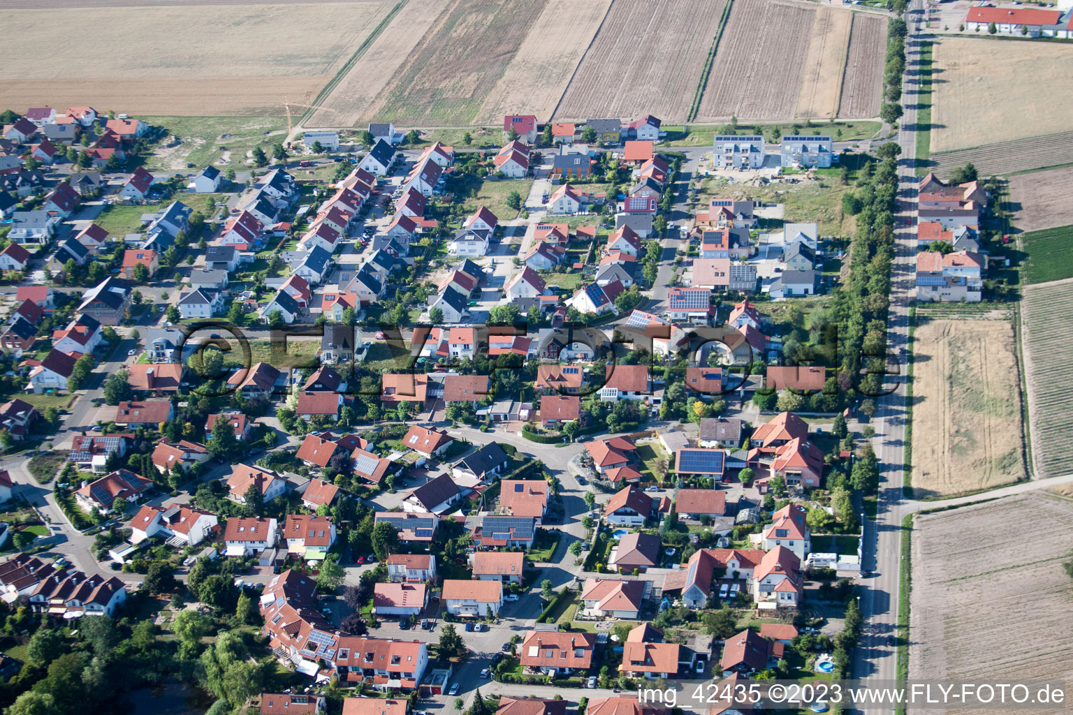 New development area in Rheinzabern in the state Rhineland-Palatinate, Germany from above