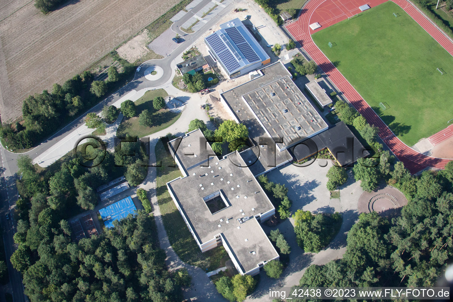 Drone image of Roman bath school in Rheinzabern in the state Rhineland-Palatinate, Germany