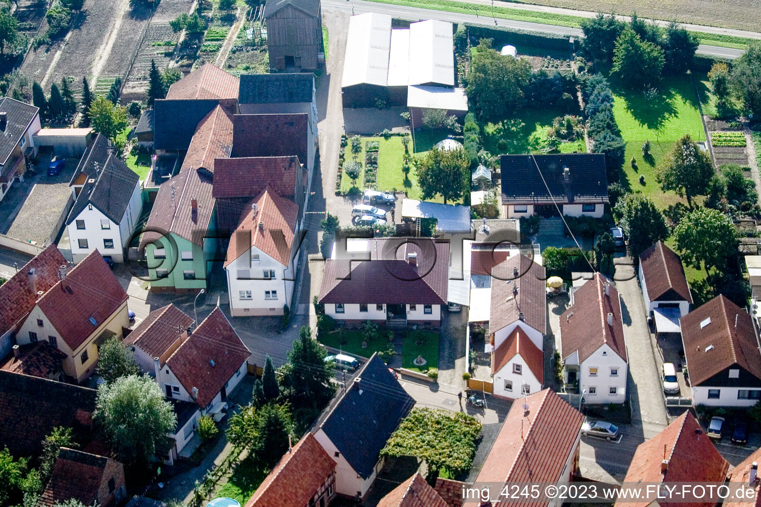 Drone image of Brehmstr in the district Minderslachen in Kandel in the state Rhineland-Palatinate, Germany