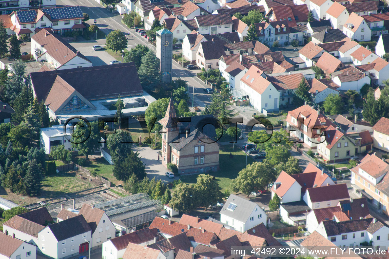 City hall in Jockgrim in the state Rhineland-Palatinate, Germany from above