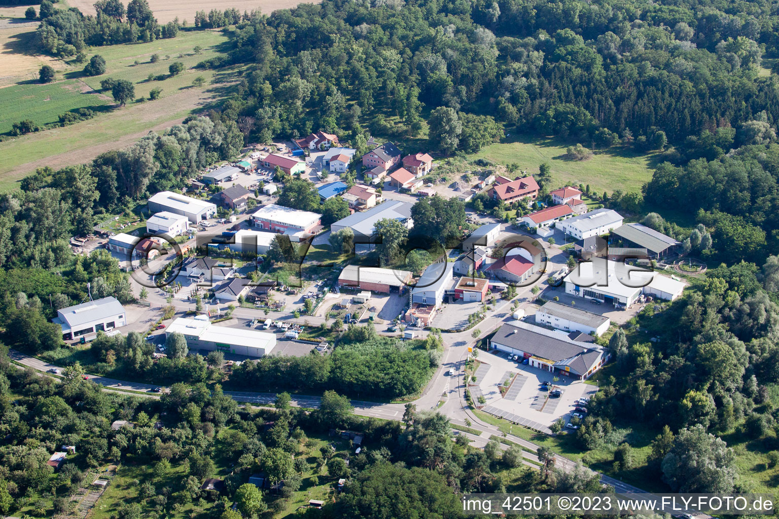 Aerial view of SW commercial area in Jockgrim in the state Rhineland-Palatinate, Germany
