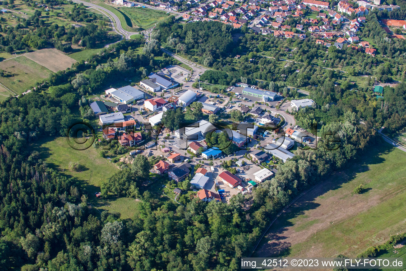 SW commercial area in Jockgrim in the state Rhineland-Palatinate, Germany from above