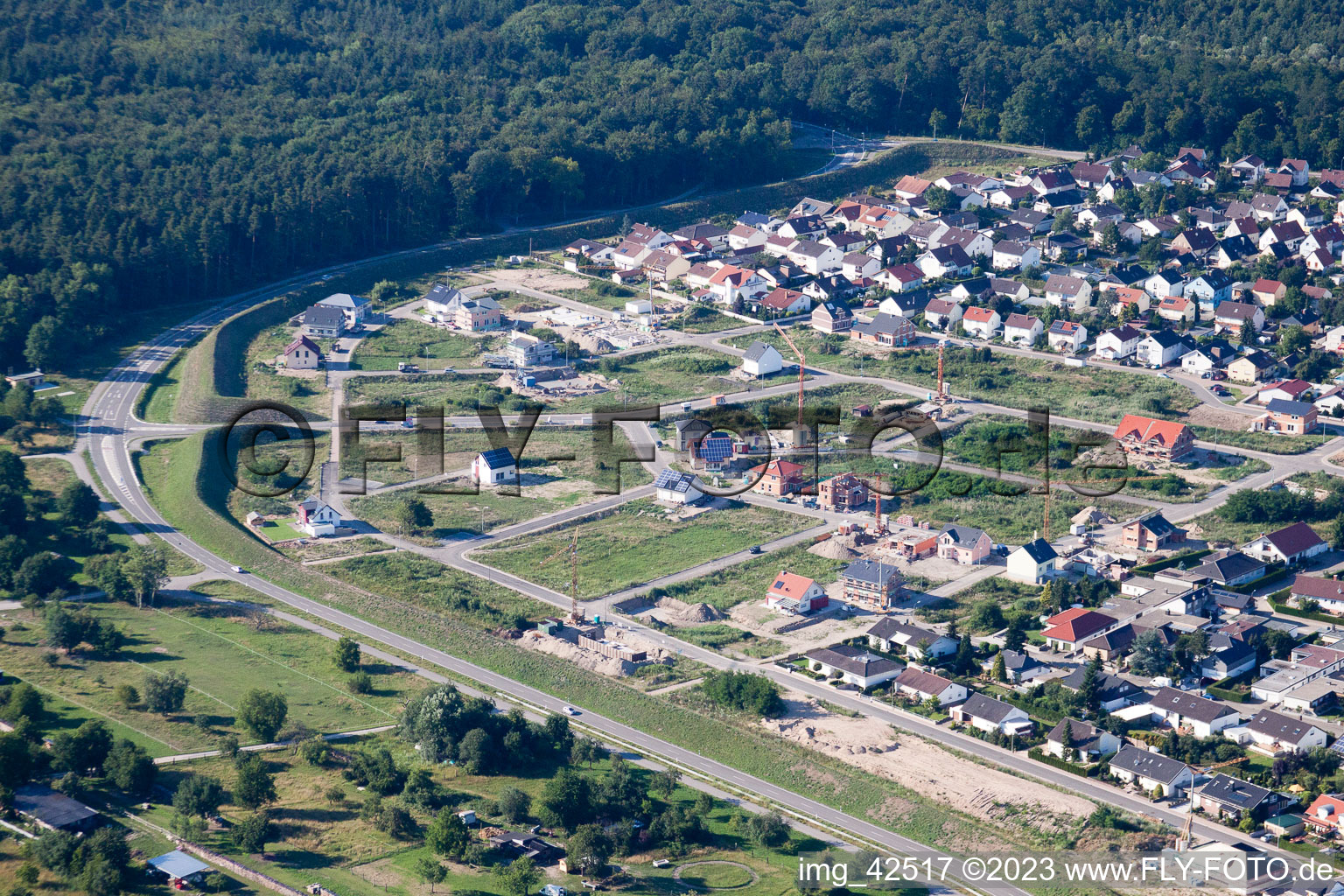 New development area West in Jockgrim in the state Rhineland-Palatinate, Germany viewn from the air