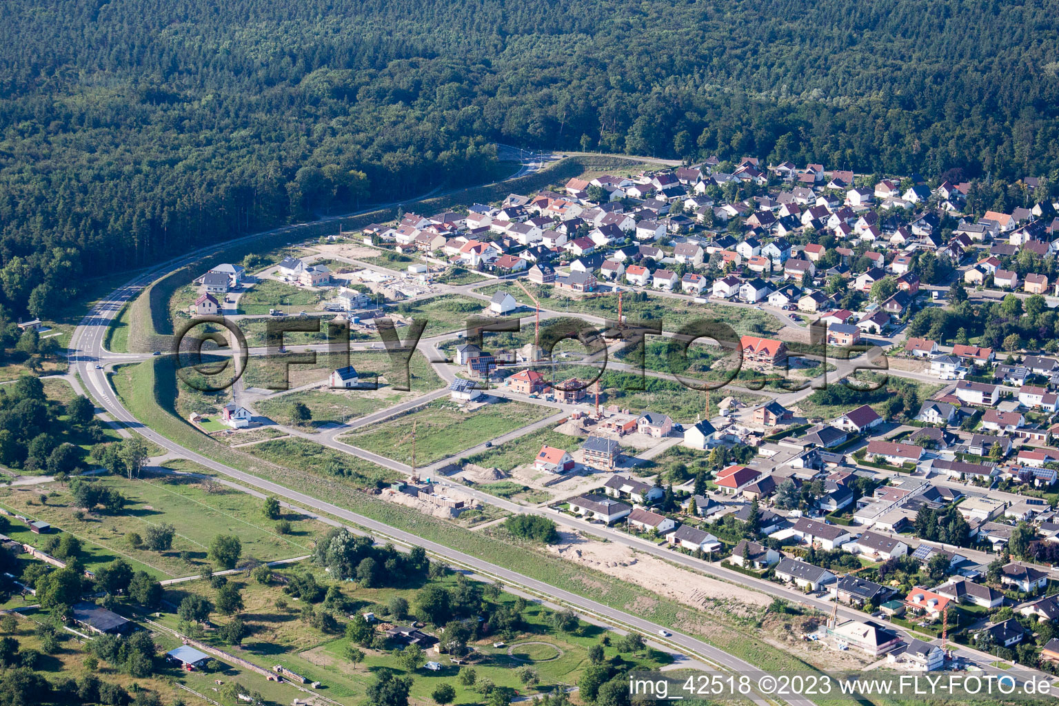 Drone recording of New development area west in Jockgrim in the state Rhineland-Palatinate, Germany