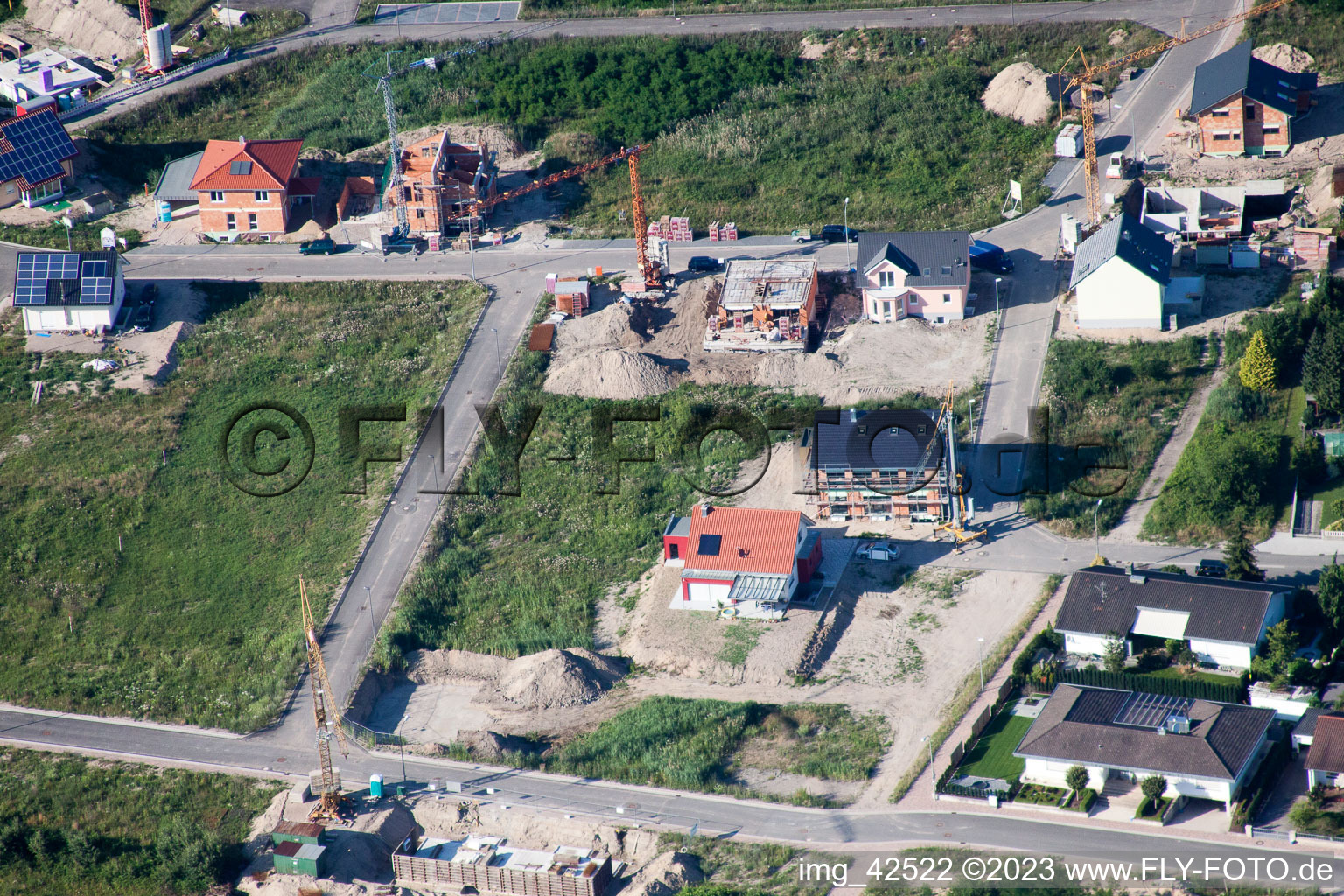 New development area West in Jockgrim in the state Rhineland-Palatinate, Germany from the drone perspective