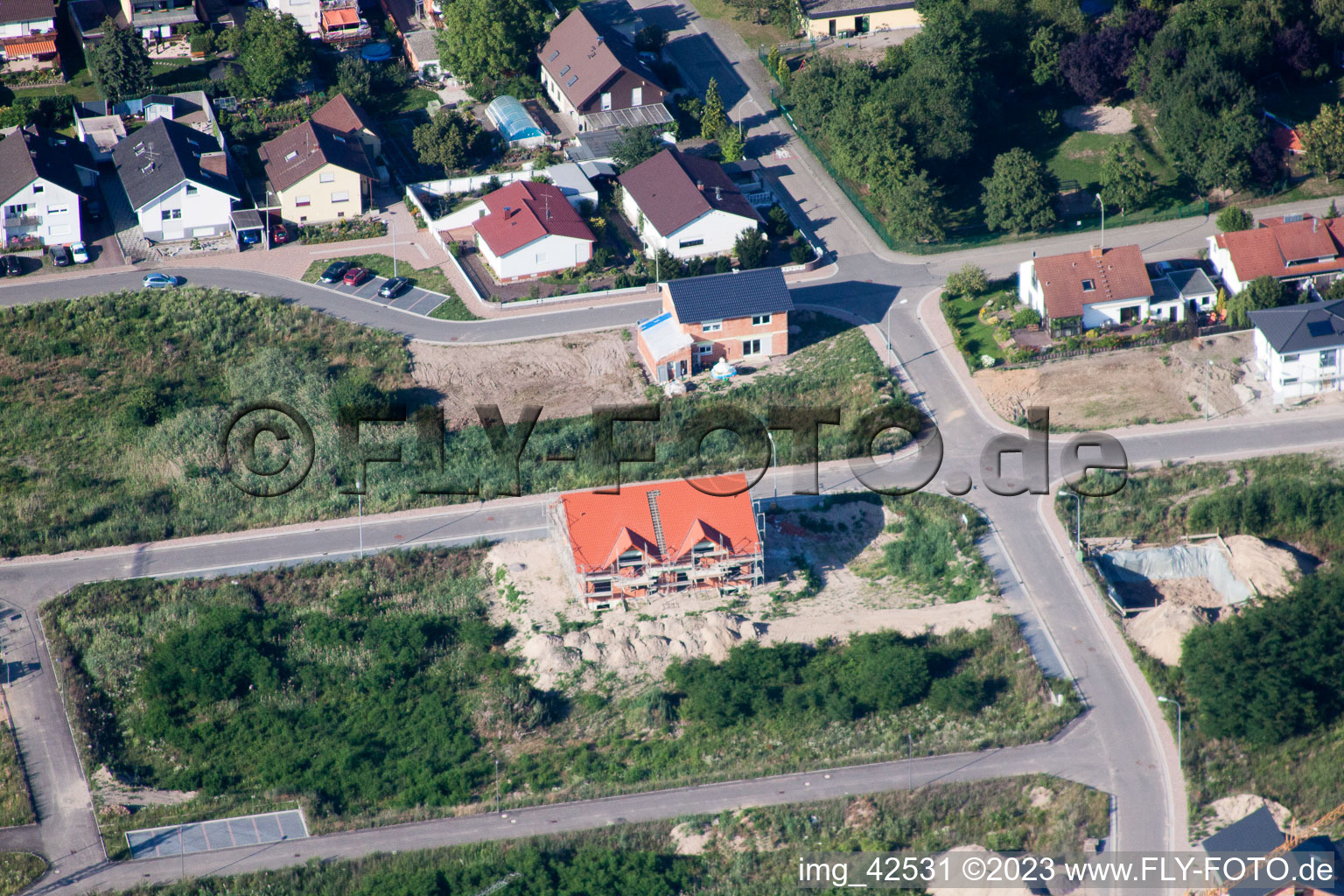 New development area West in Jockgrim in the state Rhineland-Palatinate, Germany seen from a drone