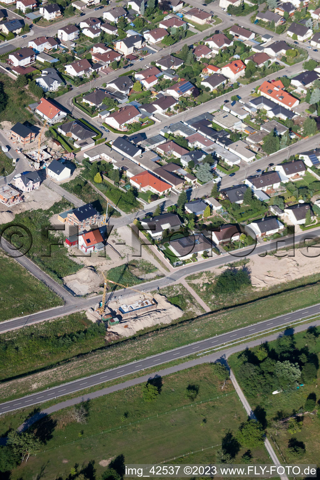 New development area west in Jockgrim in the state Rhineland-Palatinate, Germany seen from above