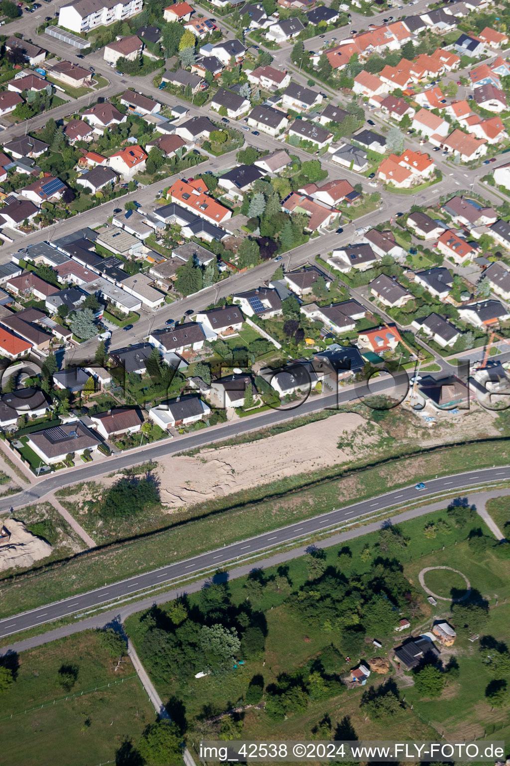 New development area west in Jockgrim in the state Rhineland-Palatinate, Germany from the plane