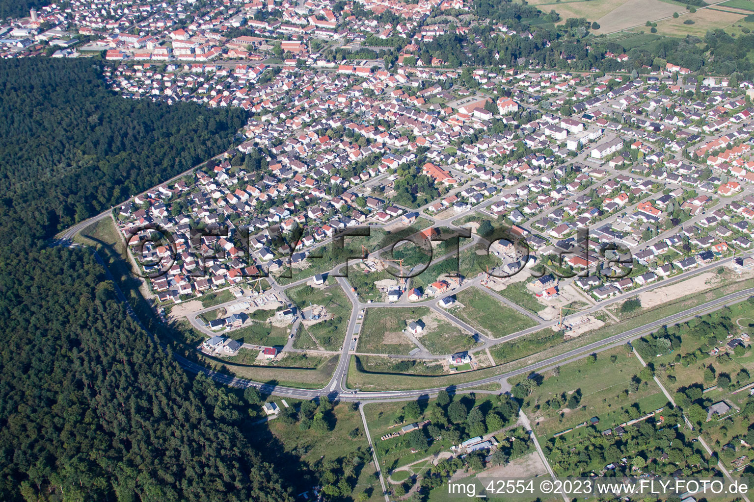 New development area West in Jockgrim in the state Rhineland-Palatinate, Germany viewn from the air