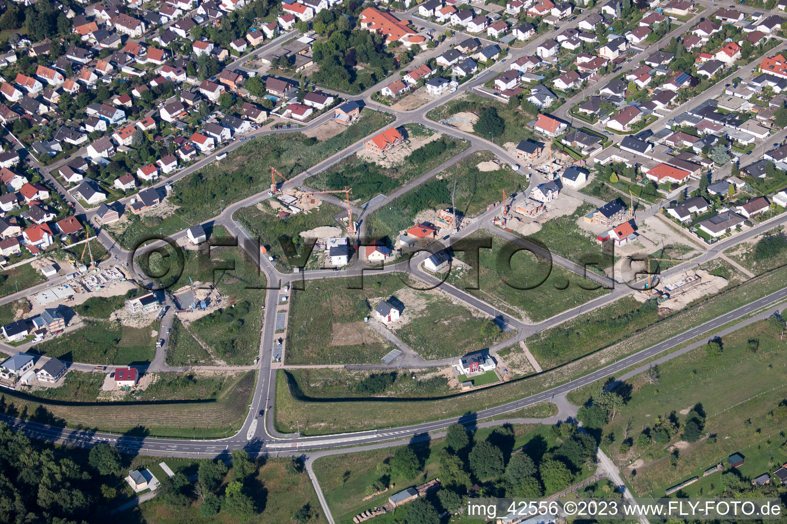 Drone image of New development area west in Jockgrim in the state Rhineland-Palatinate, Germany