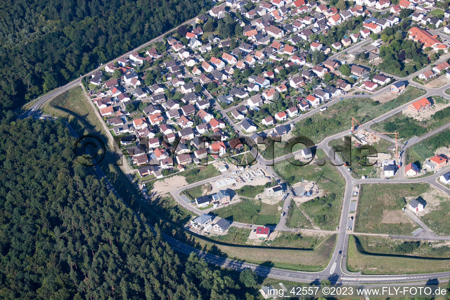 New development area West in Jockgrim in the state Rhineland-Palatinate, Germany from the drone perspective