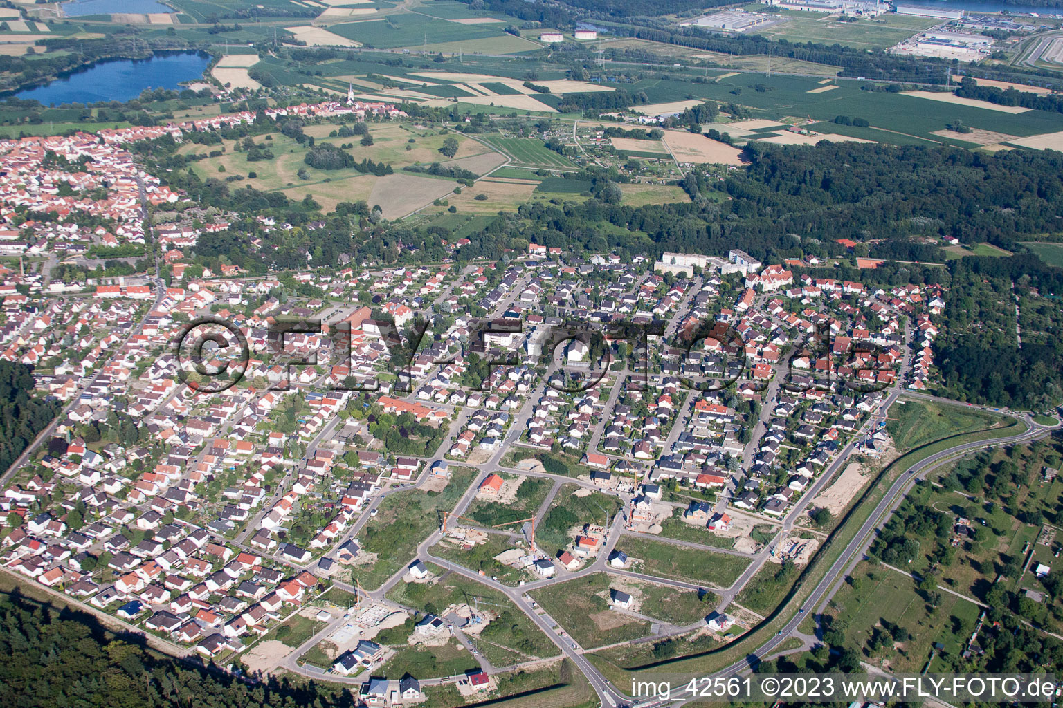 New development area west in Jockgrim in the state Rhineland-Palatinate, Germany seen from a drone