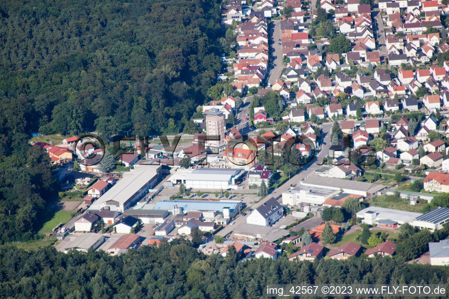 Ludovici skyscraper in Jockgrim in the state Rhineland-Palatinate, Germany from above