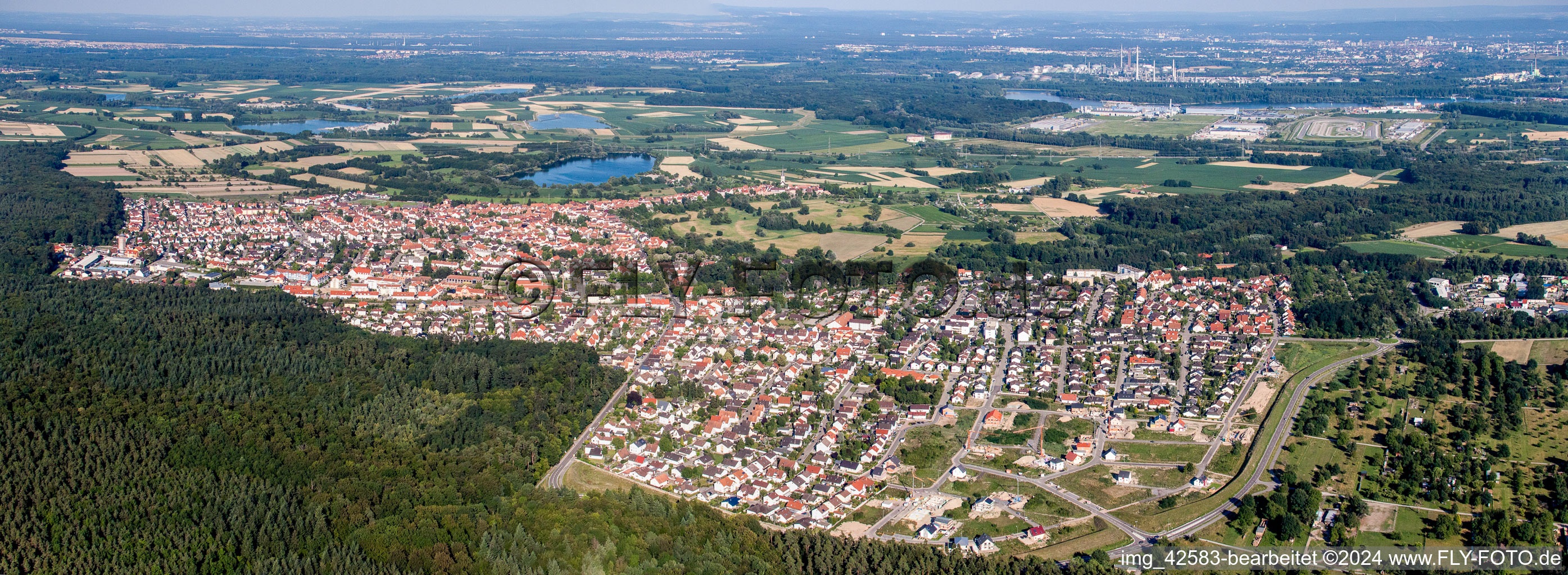 Panoramic perspective Town View of the streets and houses of the residential areas in Jockgrim in the state Rhineland-Palatinate, Germany