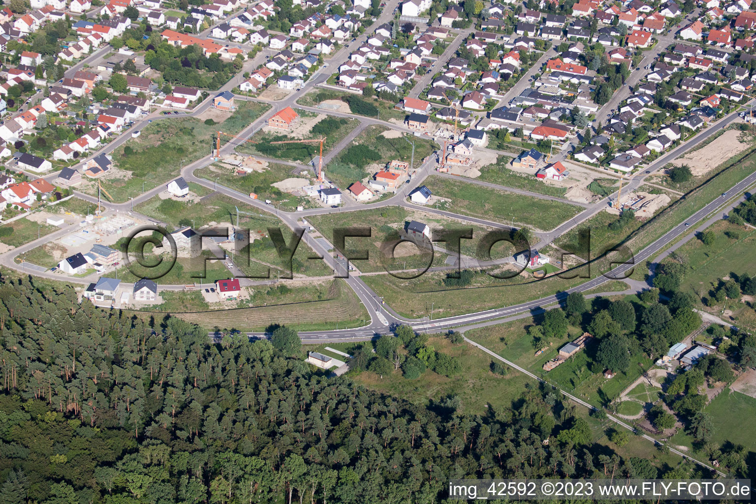 New development area West in Jockgrim in the state Rhineland-Palatinate, Germany seen from above