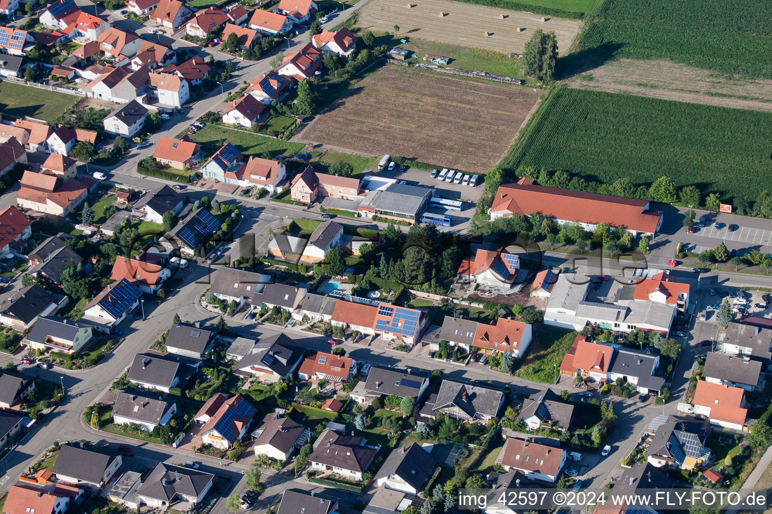 Industrial estate and company settlement Im Gereut in Hatzenbuehl in the state Rhineland-Palatinate from above