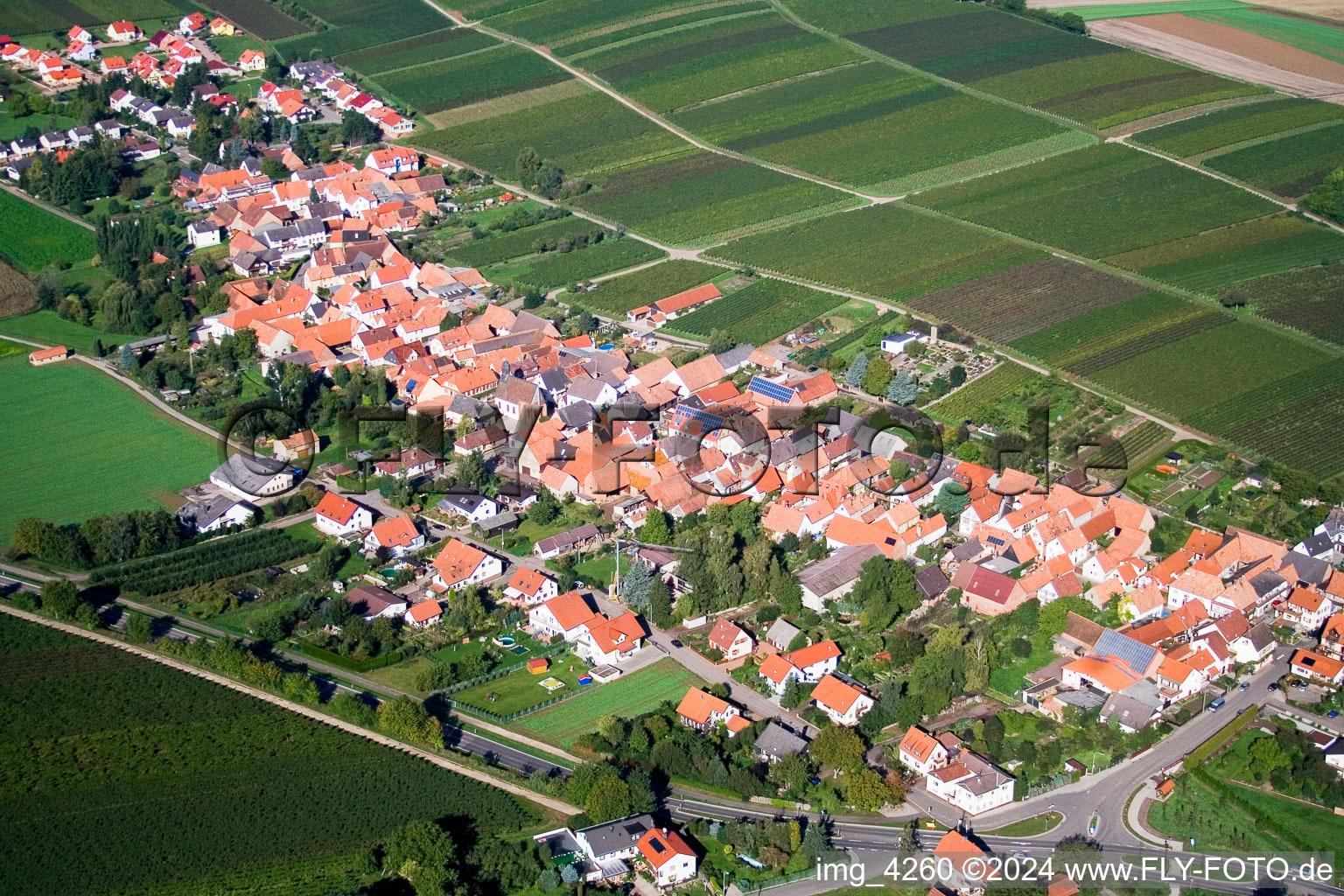 Aerial view of Village - view on the edge ofwine yards in Niederhorbach in the state Rhineland-Palatinate
