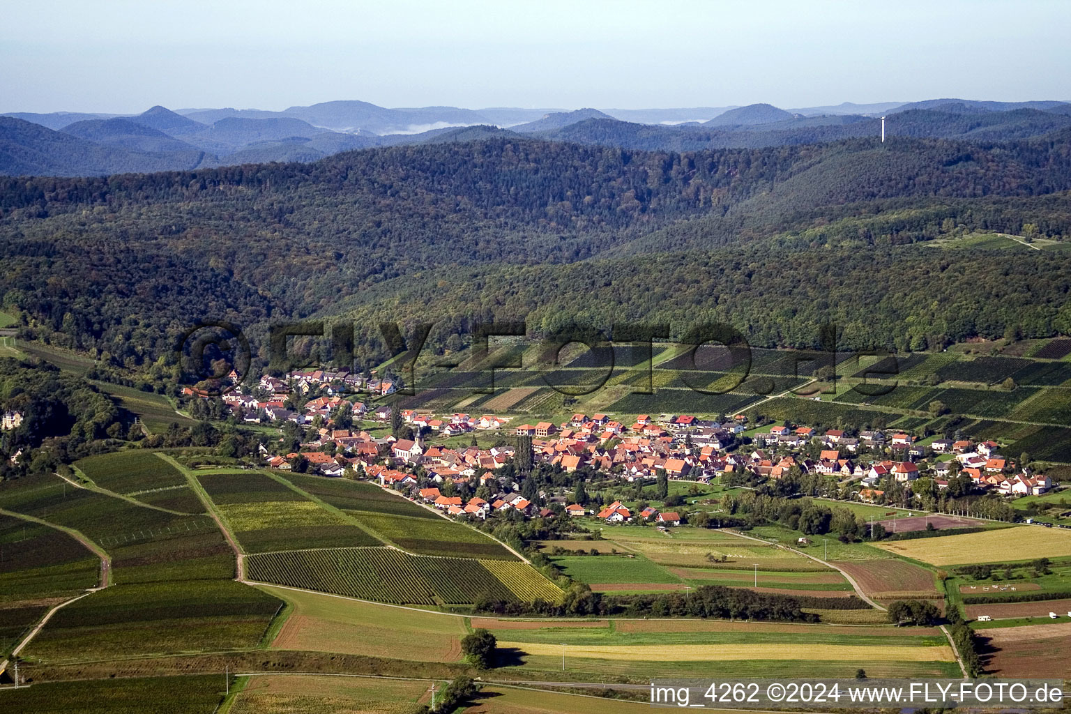 Village - view on the edge of agricultural fields and farmland in the district Pleisweiler in Pleisweiler-Oberhofen in the state Rhineland-Palatinate