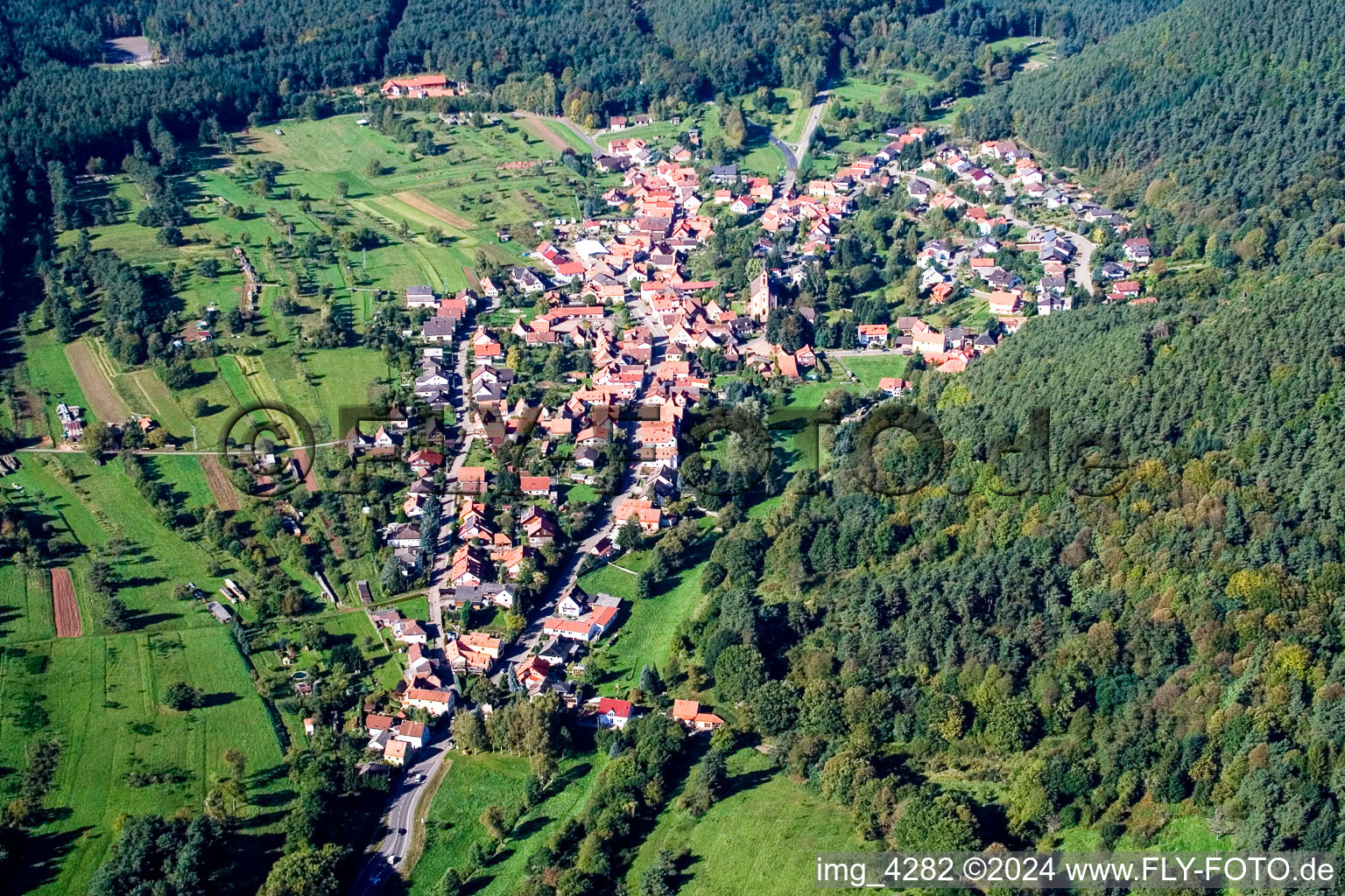 Aerial photograpy of Town View of the streets and houses of the residential areas in Birkenhoerdt in the state Rhineland-Palatinate