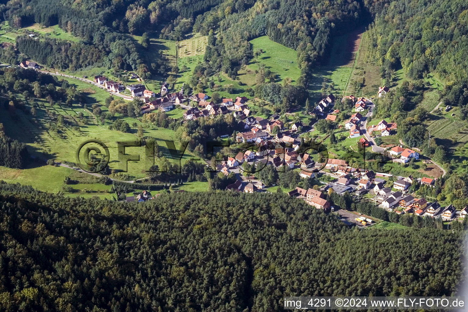 District Lauterschwan in Erlenbach bei Dahn in the state Rhineland-Palatinate, Germany viewn from the air