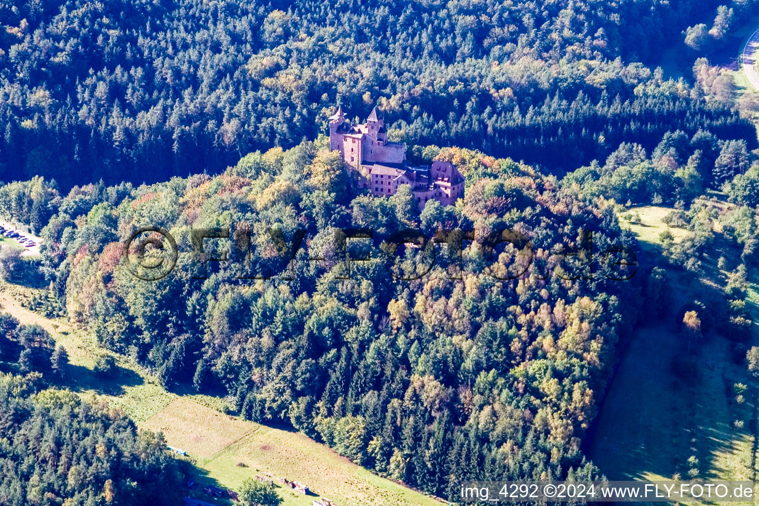 Berwartstein Castle in Erlenbach bei Dahn in the state Rhineland-Palatinate, Germany from above