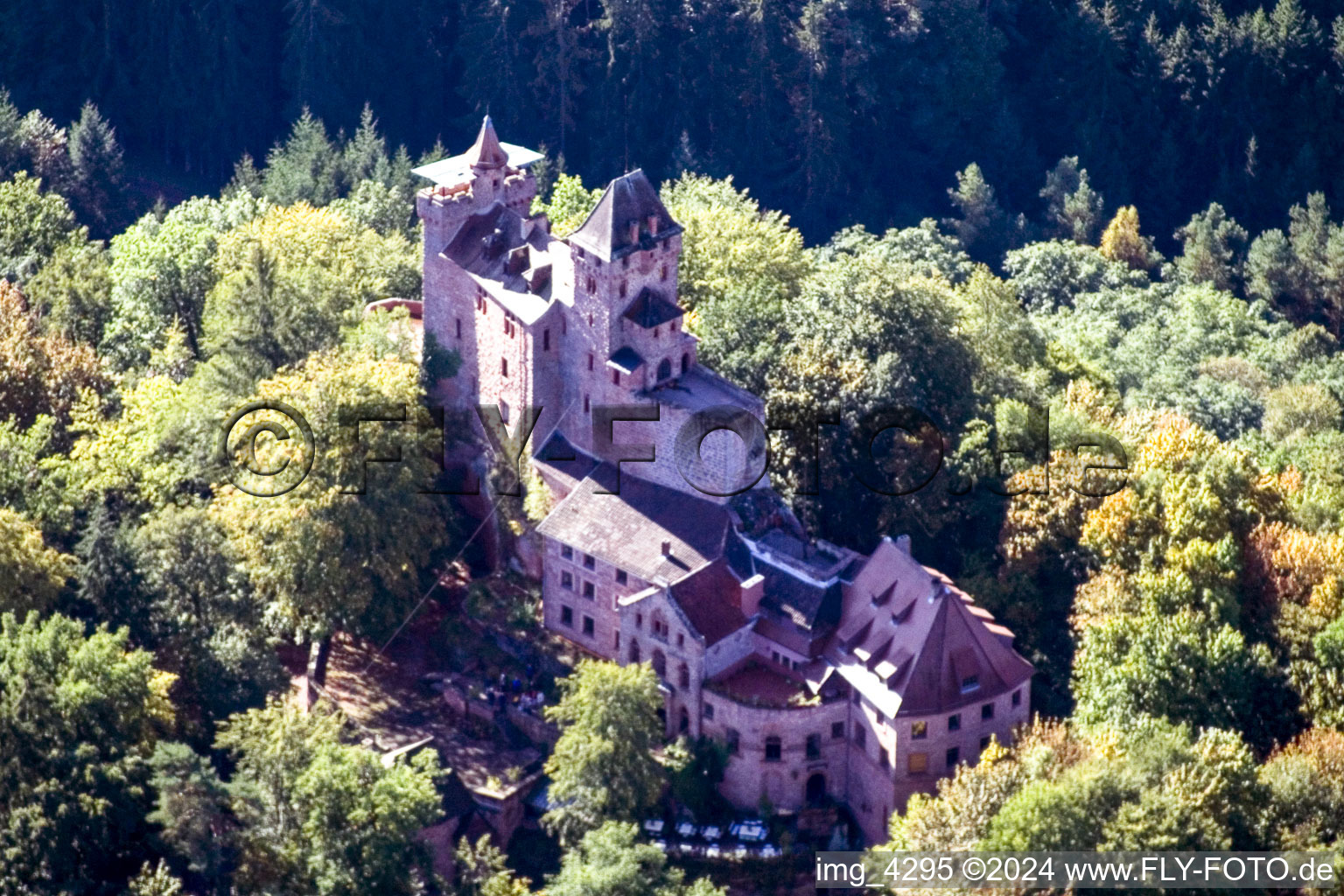 Berwartstein Castle in Erlenbach bei Dahn in the state Rhineland-Palatinate, Germany out of the air