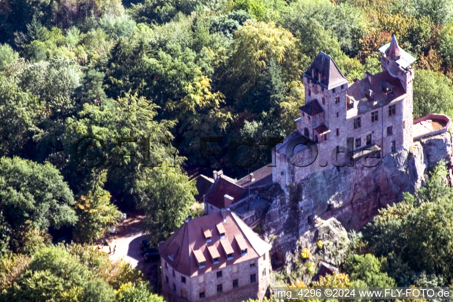 Berwartstein Castle in Erlenbach bei Dahn in the state Rhineland-Palatinate, Germany seen from above