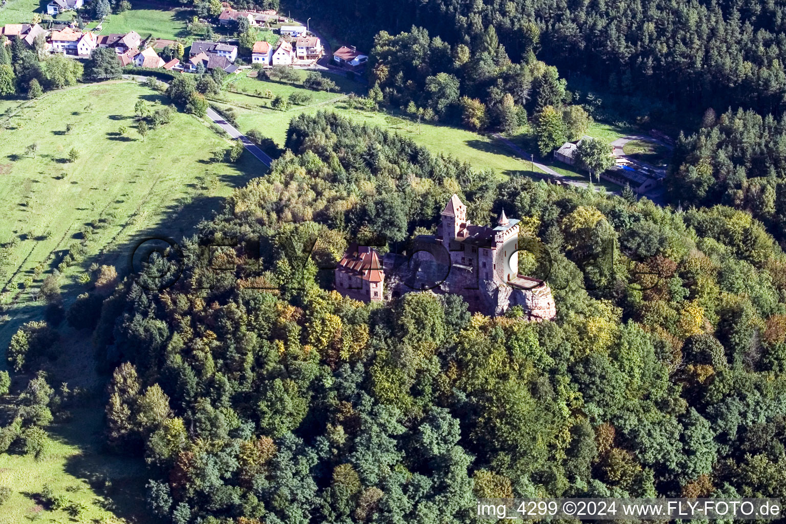 Berwartstein Castle in Erlenbach bei Dahn in the state Rhineland-Palatinate, Germany from the plane