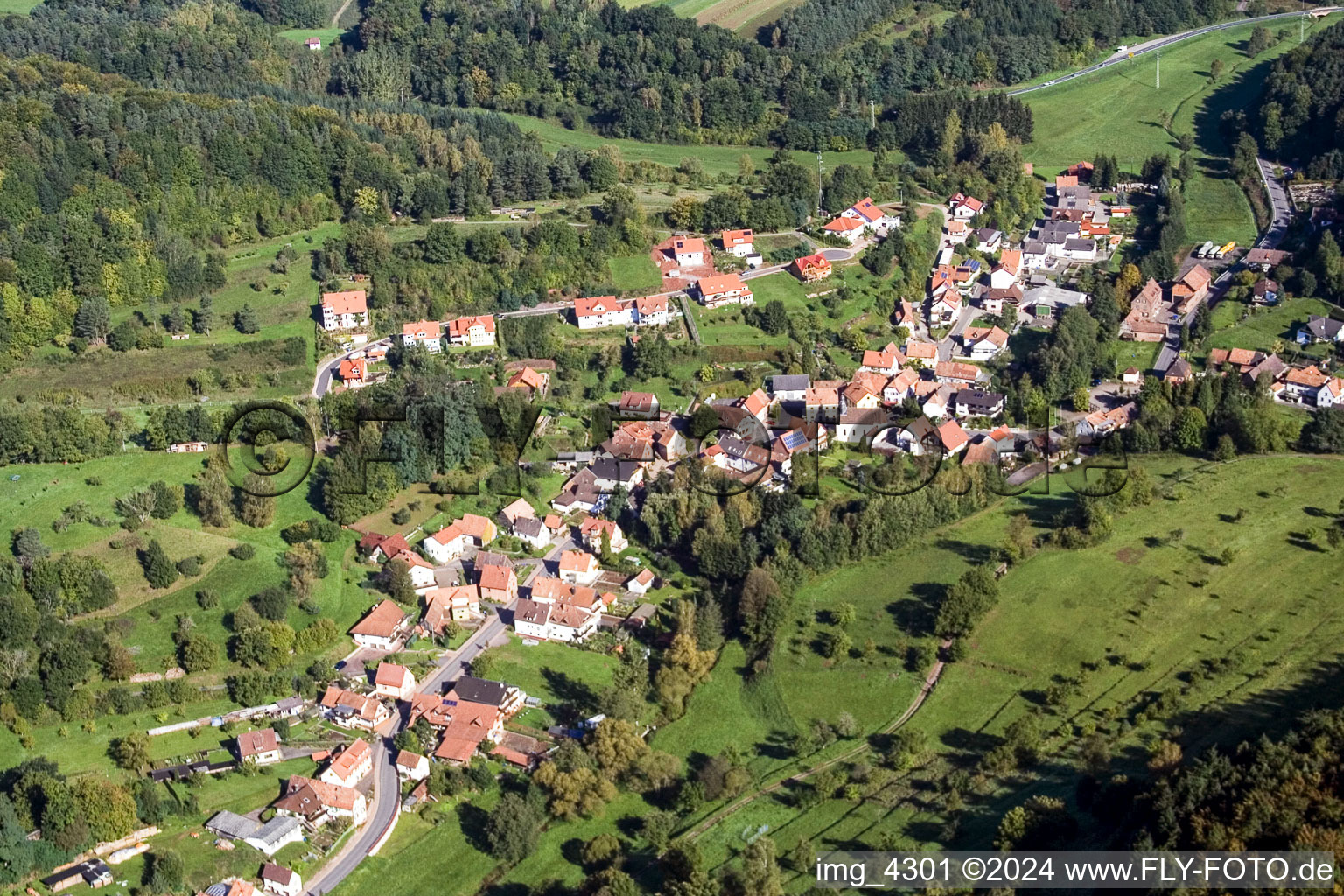 Village - view on the edge of agricultural fields and farmland in Erlenbach bei Dahn in the state Rhineland-Palatinate