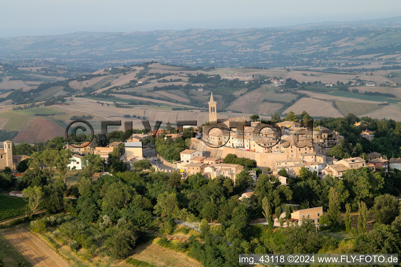 Aerial view of Town View of the streets and houses of Fratte Rosa in Marche, Italy