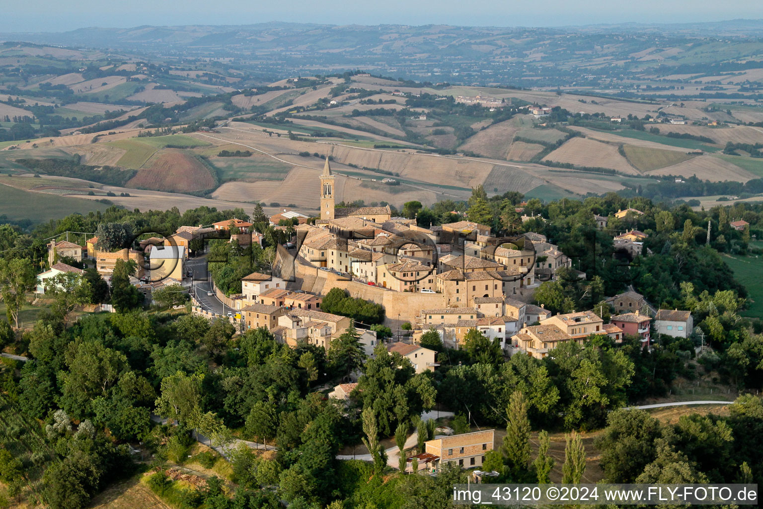 Aerial photograpy of Town View of the streets and houses of Fratte Rosa in Marche, Italy