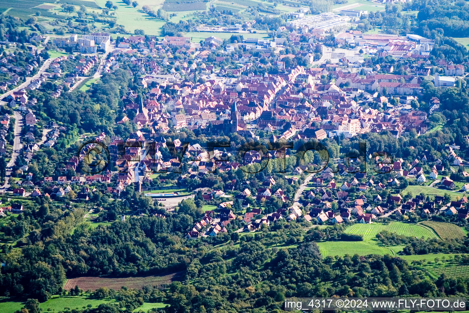 From the south in Wissembourg in the state Bas-Rhin, France seen from above