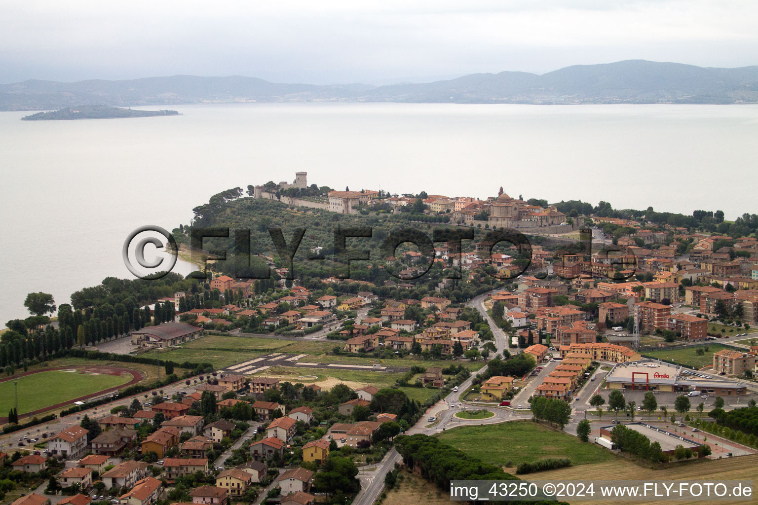 Aerial view of Castiglione del Lago in the state Umbria, Italy