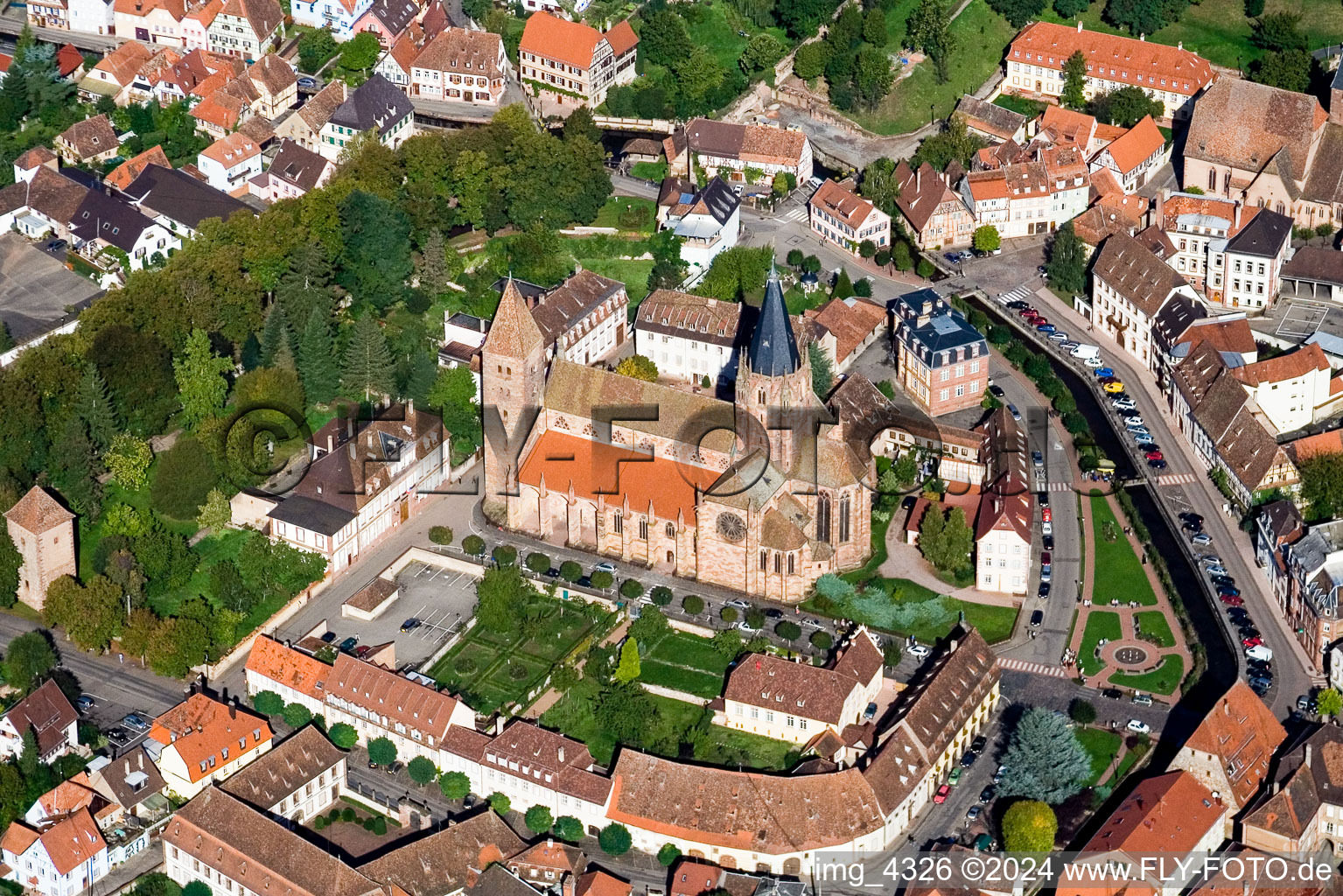 Aerial view of Cathedral in Wissembourg in the state Bas-Rhin, France