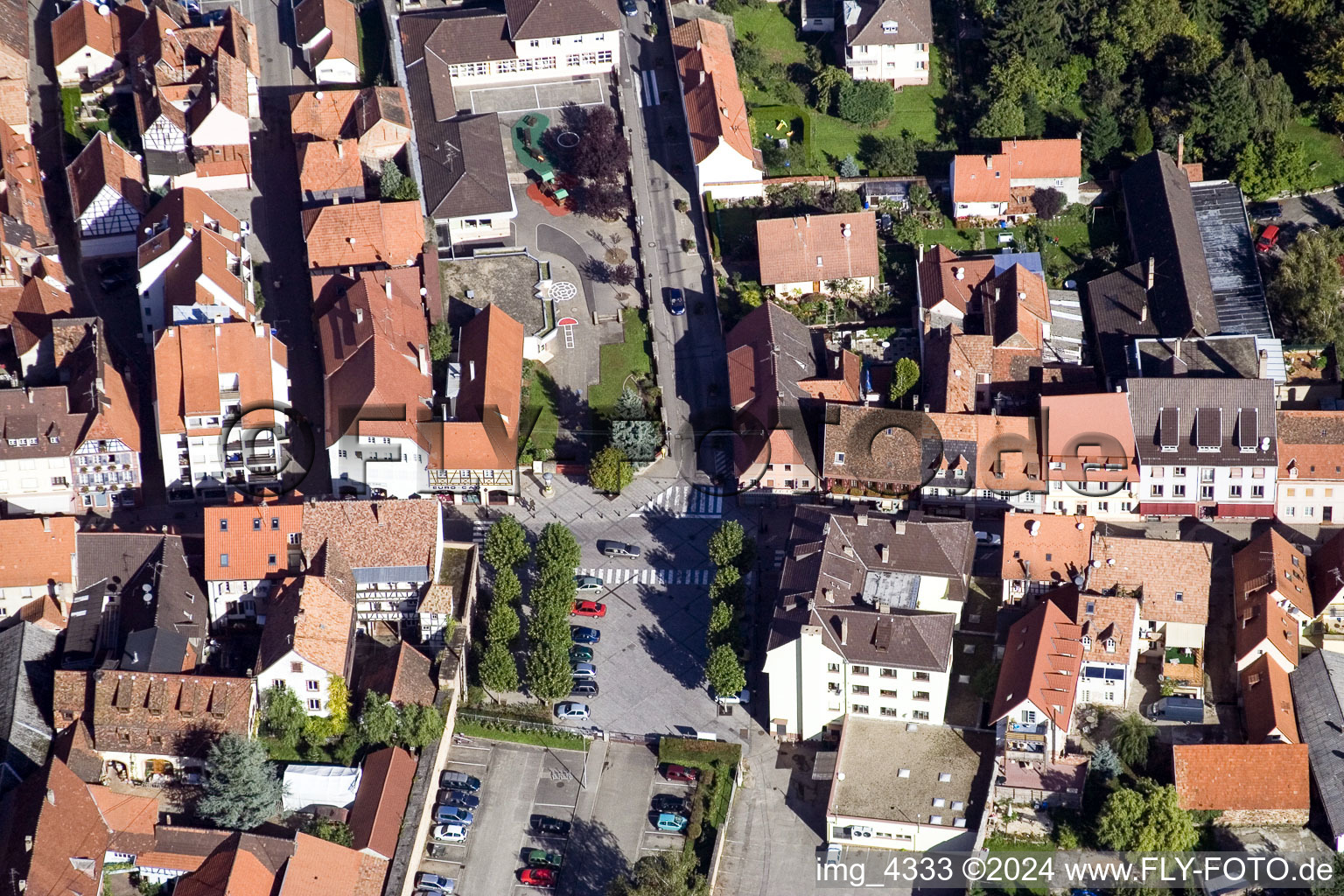 Main Street in Wissembourg in the state Bas-Rhin, France from above