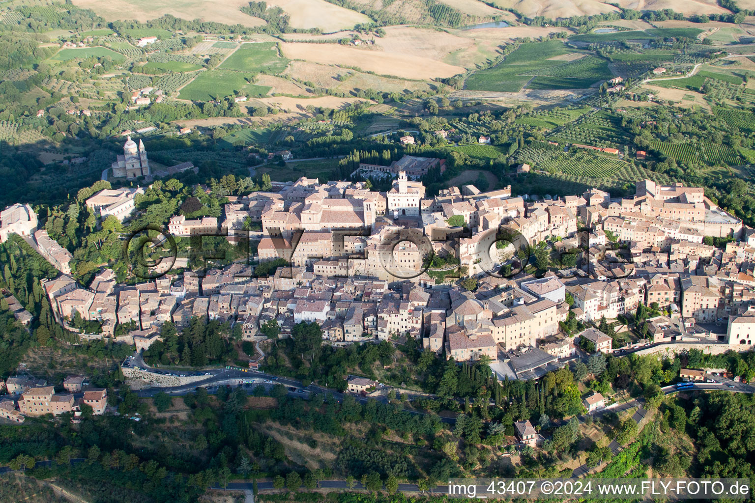 Drone recording of Montepulciano in the state Siena, Italy