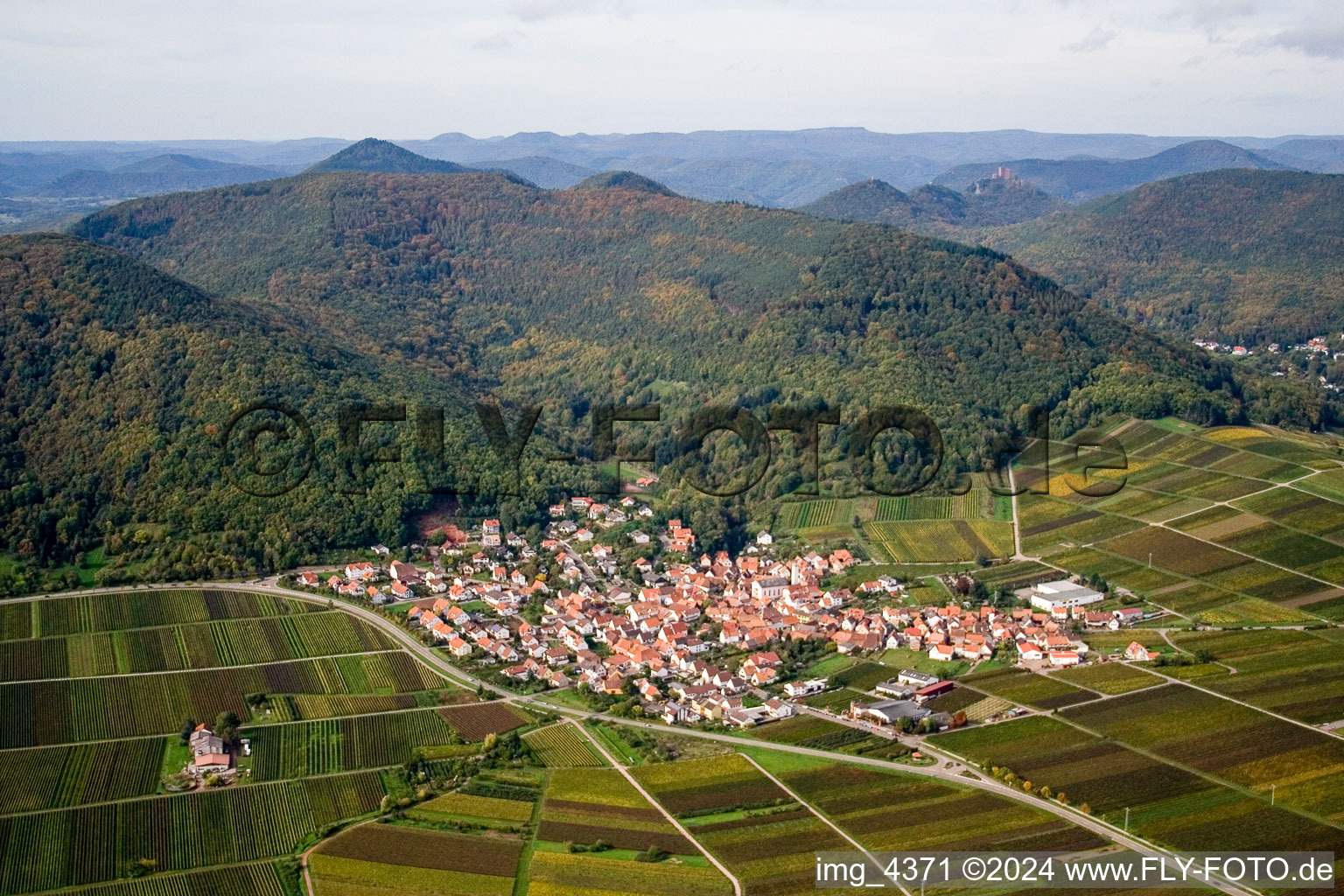 Village - view on the edge of Wine yards below the hilly edge of the Haardt Palatinat forest in Eschbach in the state Rhineland-Palatinate