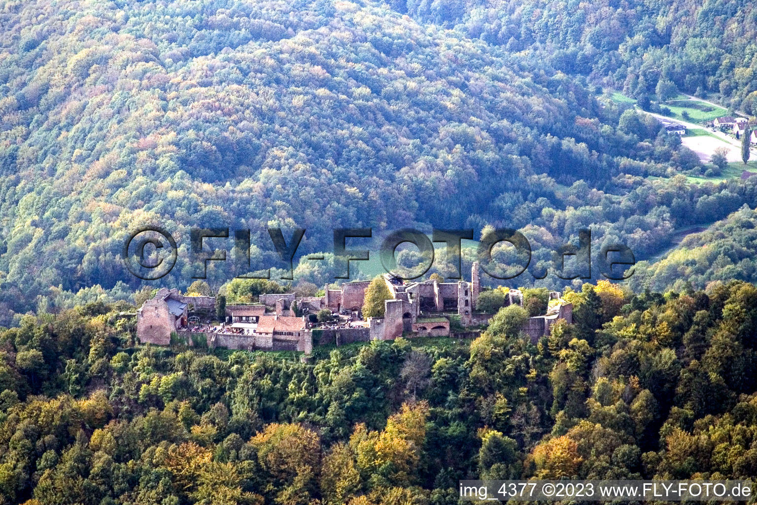 Madenburg in Eschbach in the state Rhineland-Palatinate, Germany seen from a drone