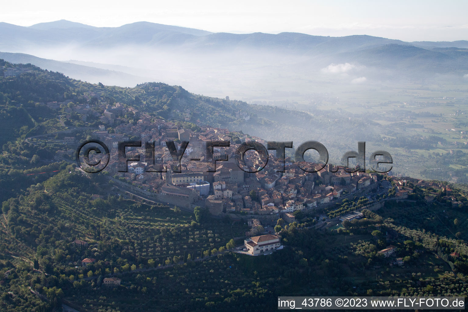 Aerial view of Cortona in the state Tuscany, Italy